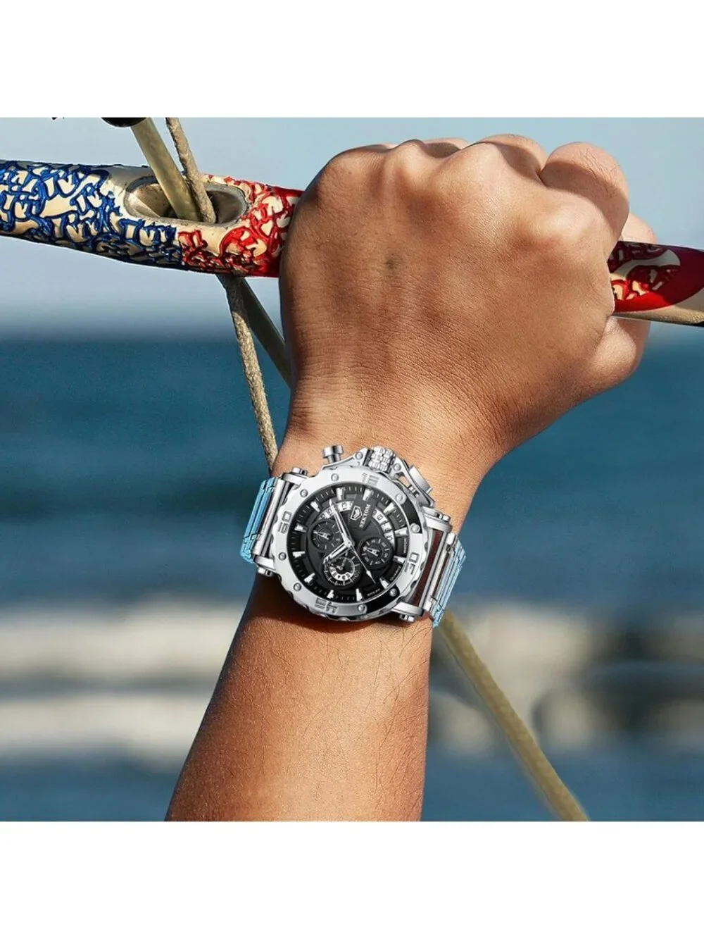 Men Silver Stainless Steel Analog Chronograph 3ATM Waterproof Luxury Wrist Watch